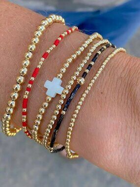 Enewton Gold Bead & Red/Blue Glass Tube Bead Six-Piece Bracelet Set